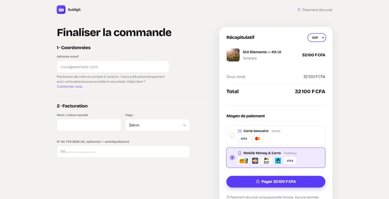 Aperçu de la plateforme — Le paiement