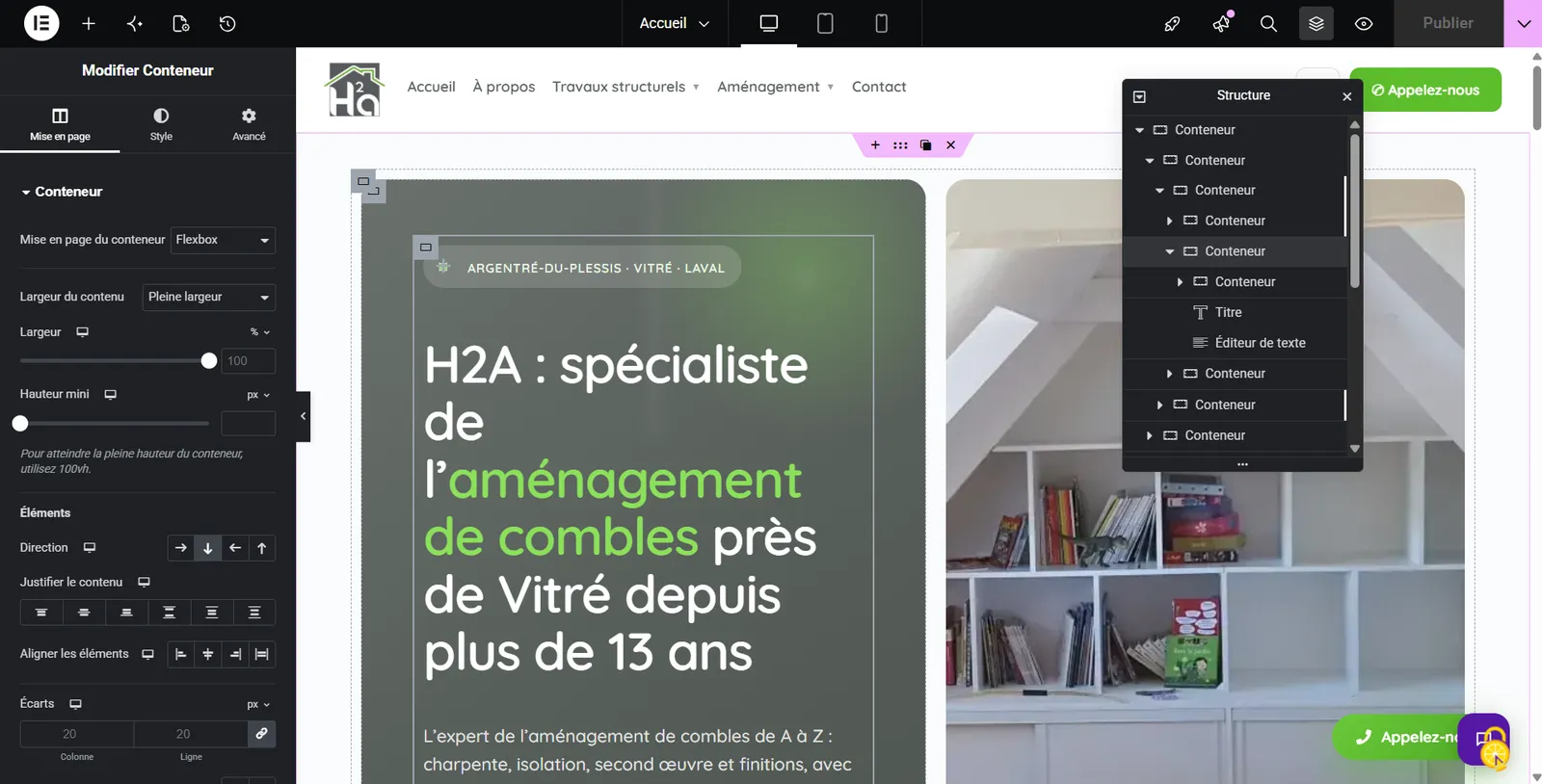 Avec SUI Elements : le même site en conteneurs et widgets Elementor natifs, éditables dans l'interface habituelle.