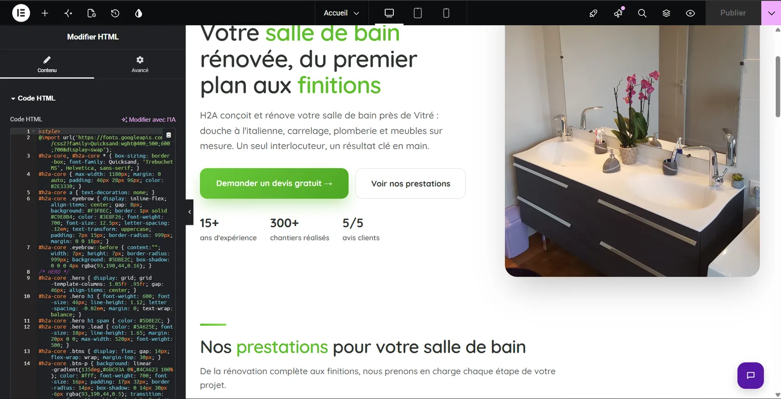 Sans SUI Elements : tout le site enfermé dans un unique widget HTML rempli de CSS et de HTML écrits à la main.